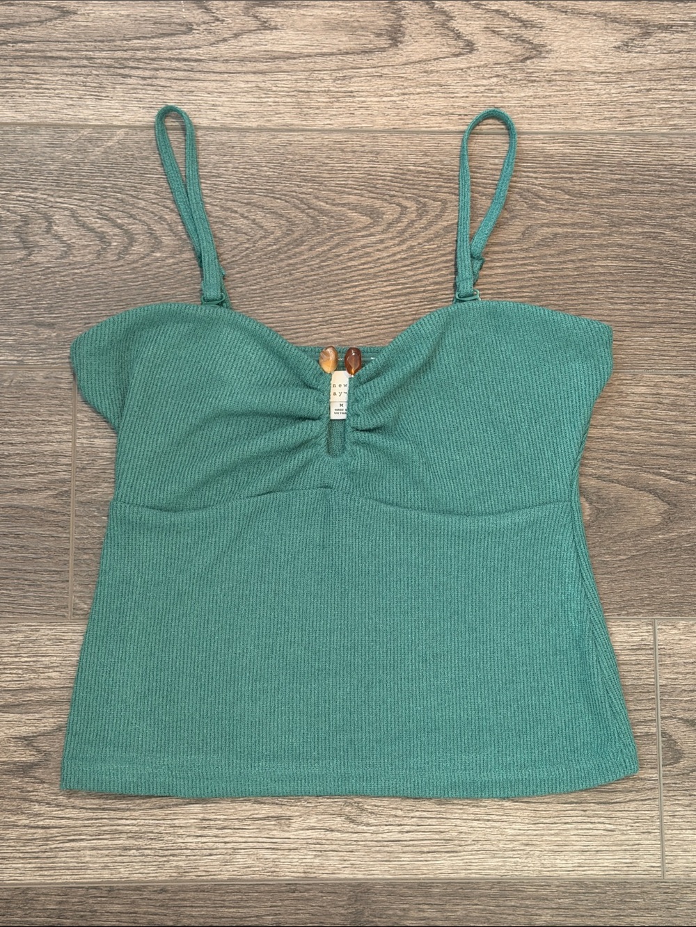 A New Day • Green Knit Camisole top with Ruching and Beaded Detail • NWOT